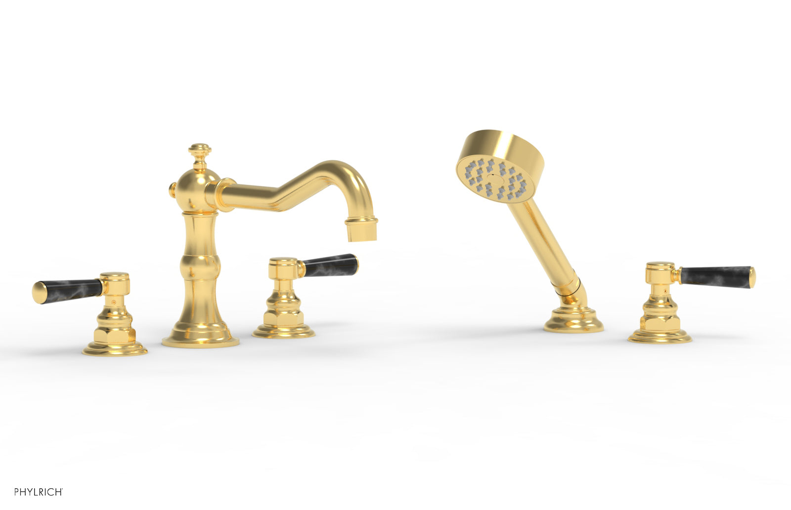 Phylrich HENRI Deck Tub Set with Hand Shower with Black Marble Handles