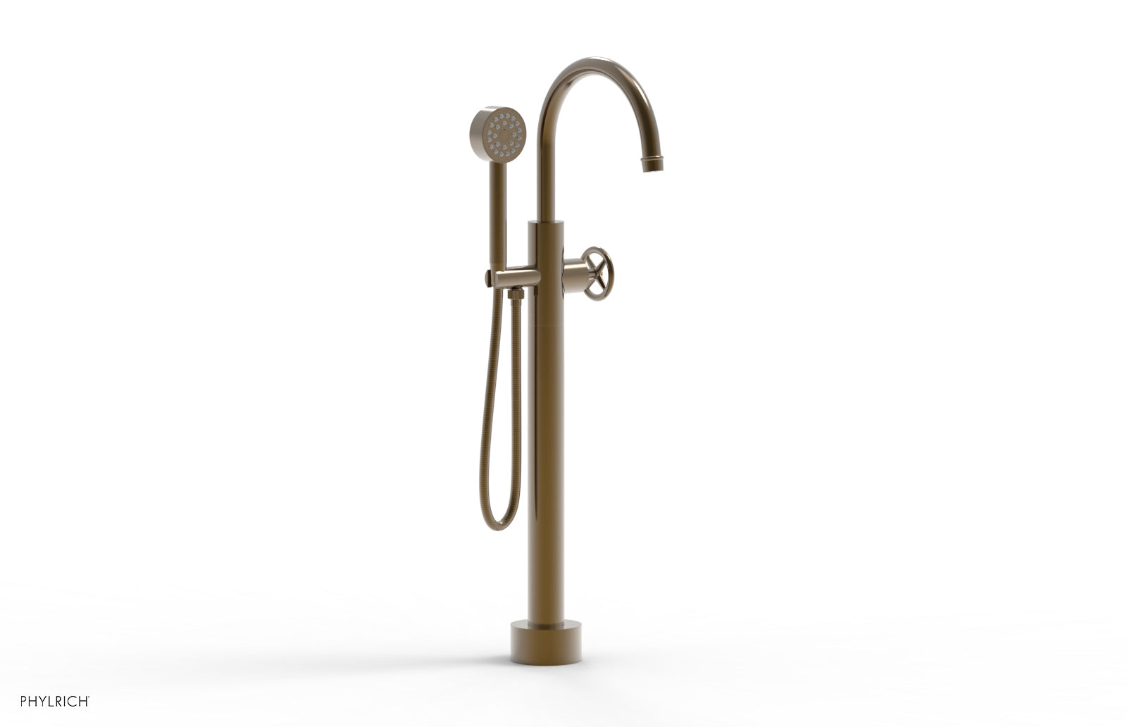 Phylrich WORKS Low Floor Mount Tub Filler - Cross Handle with Hand Shower