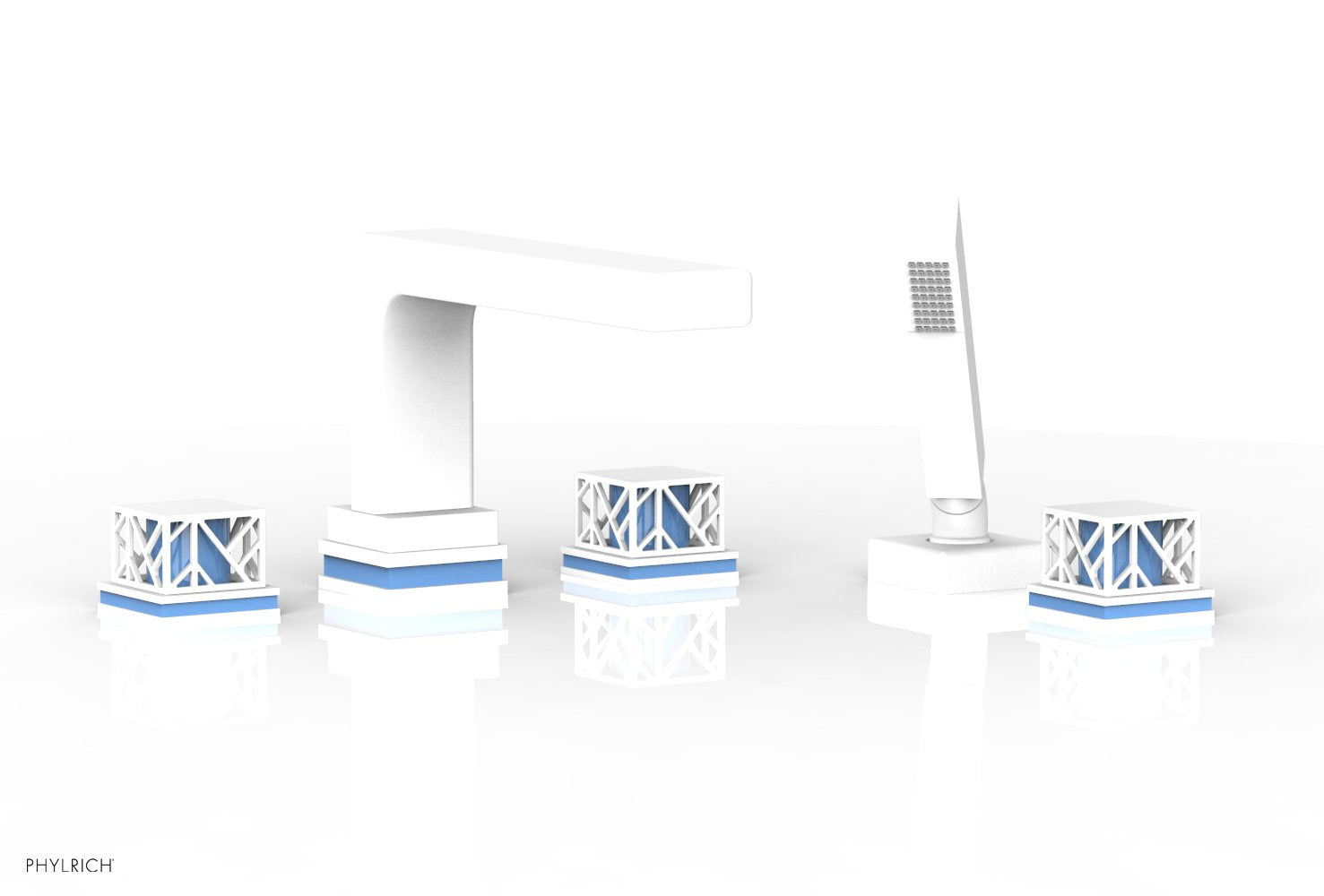 Phylrich JOLIE Deck Tub Set with Hand Shower - Square Handles with "Light Blue" Accents