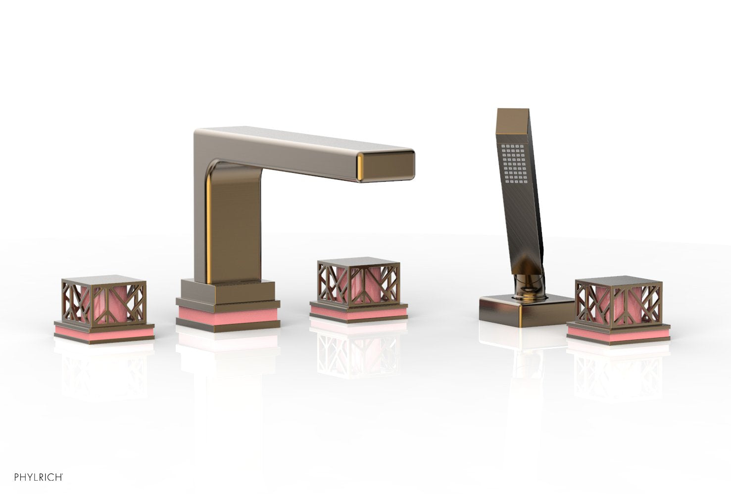 Phylrich JOLIE Deck Tub Set with Hand Shower - Square Handles with "Pink" Accents