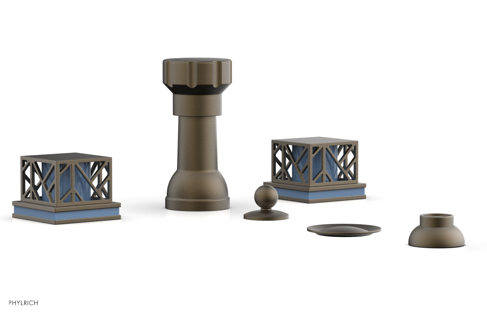 Phylrich JOLIE Four Hole Bidet Set - Square Handles with "Light Blue Accents"