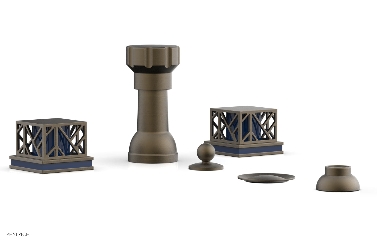 Phylrich JOLIE Four Hole Bidet Set - Square Handles with "Navy Blue Accents"