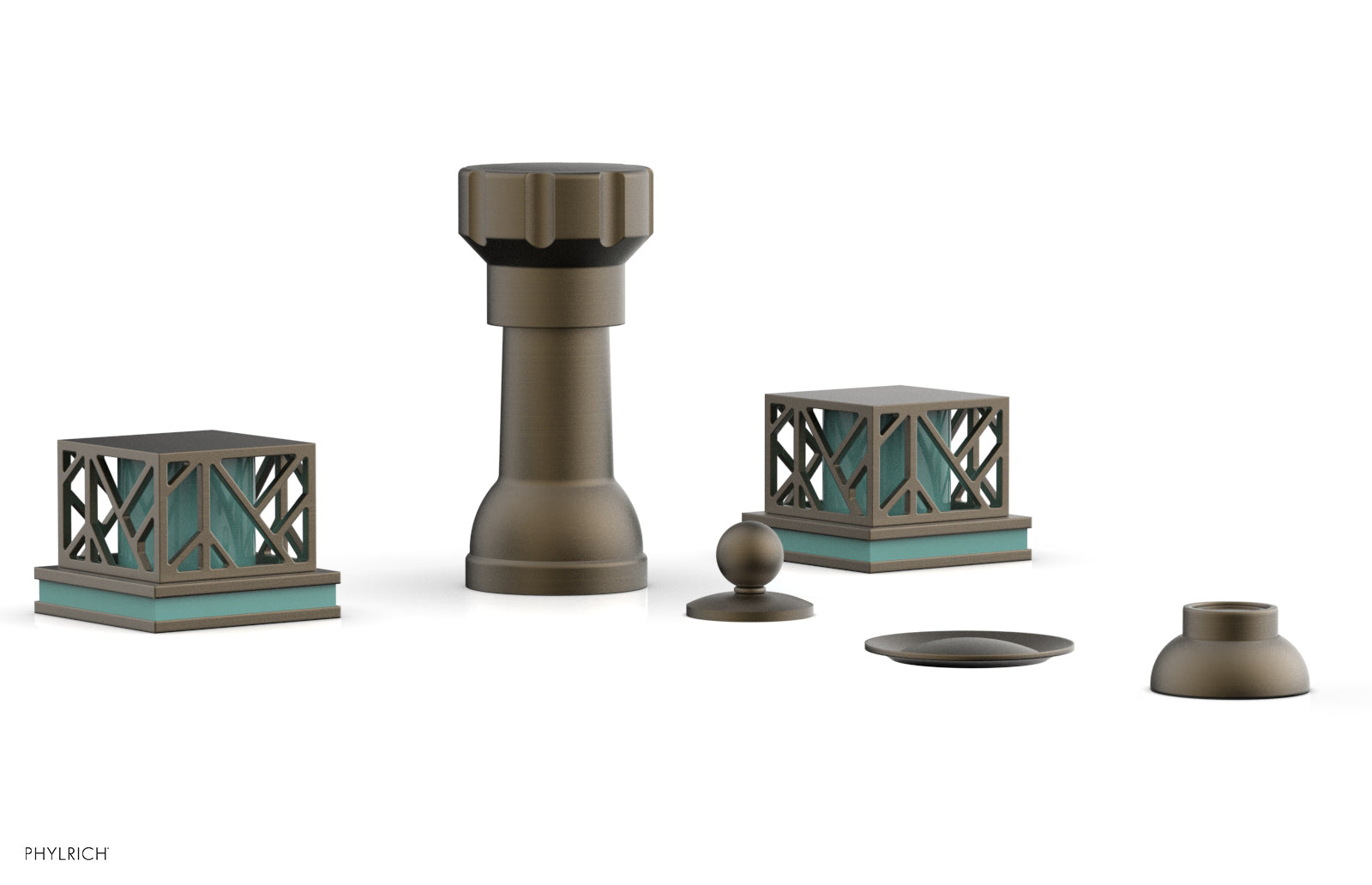 Phylrich JOLIE Four Hole Bidet Set - Square Handles with "Turquoise Accents"
