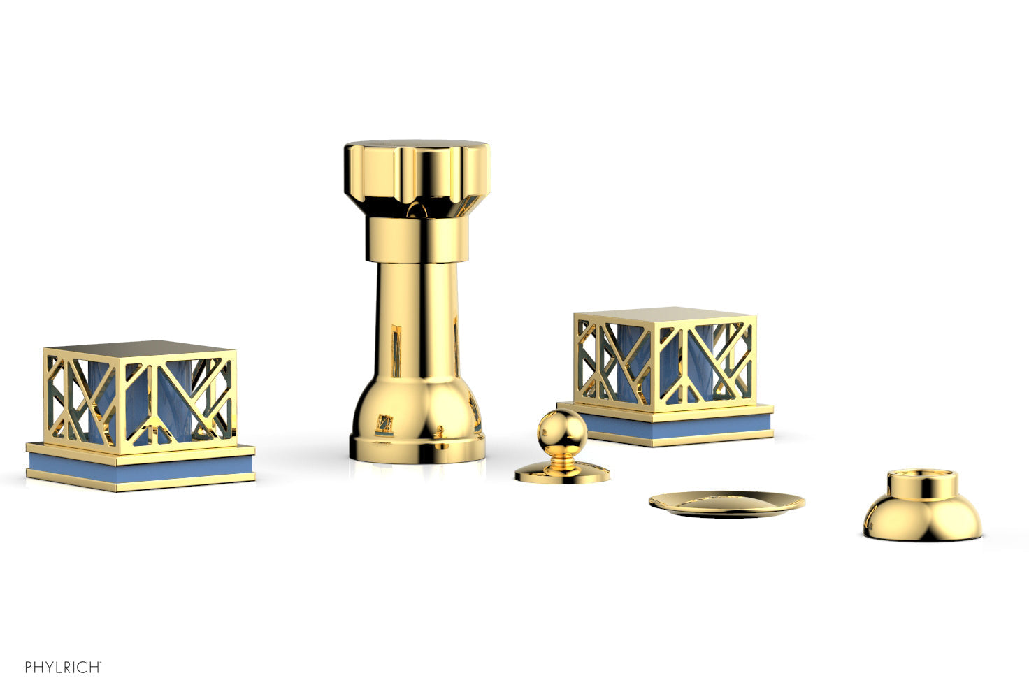 Phylrich JOLIE Four Hole Bidet Set - Square Handles with "Light Blue Accents"