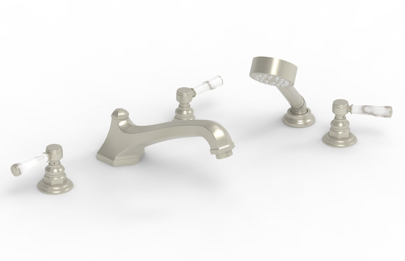 Phylrich HEX TRADITIONAL Deck Tub Set with Hand Shower - White Marble Lever Handles