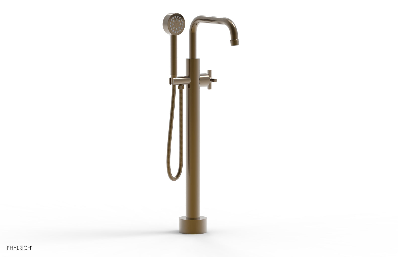 Phylrich HEX MODERN Low Floor Mount Tub Filler - Cross Handle with Hand Shower