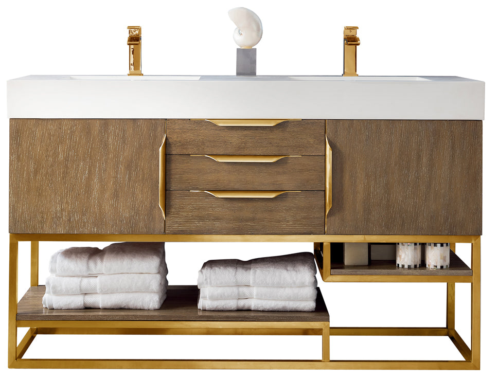 James Martin Vanities Columbia 59" Double Vanity With Radiant Gold Base Glossy White Composite Stone Top