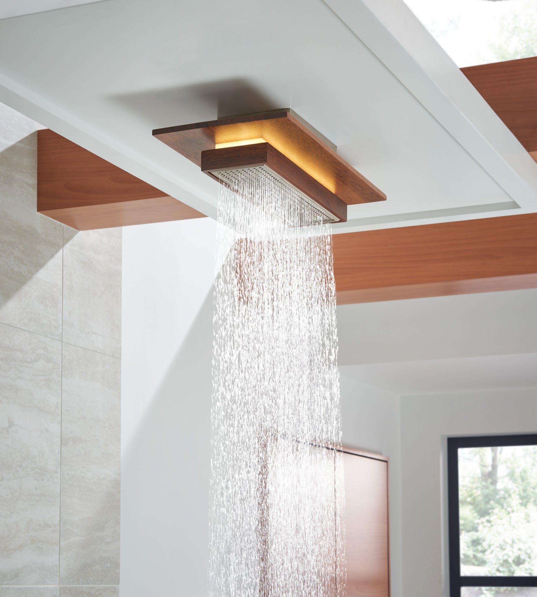 luxe nickel / teak wood shower head