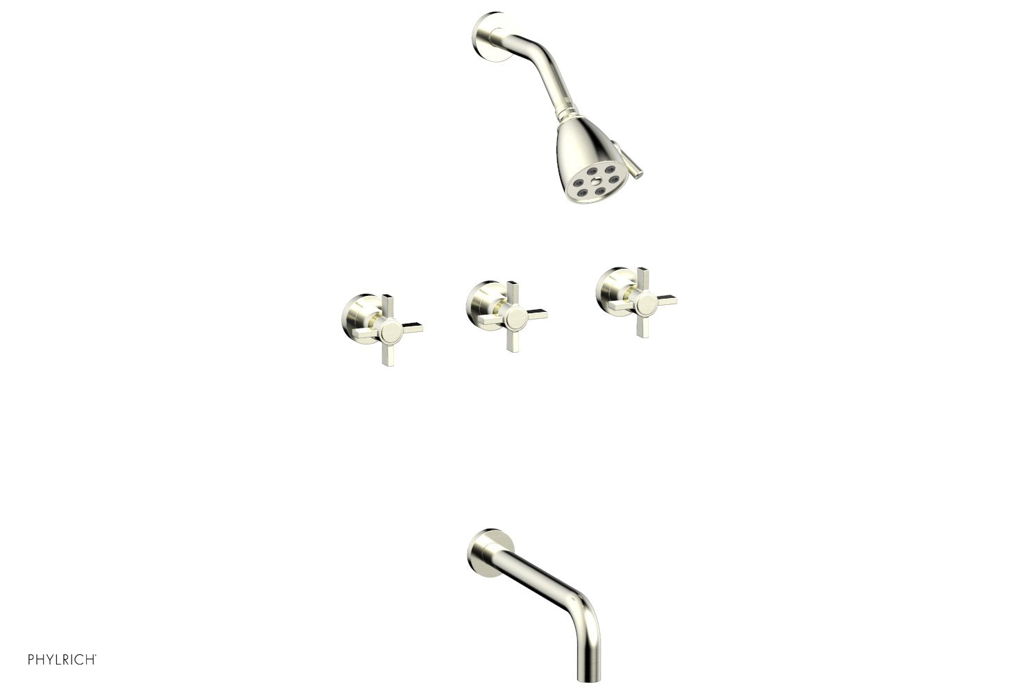 Phylrich BASIC Three Handle Tub and Shower Set 10" Spout - Blade Cross Handles