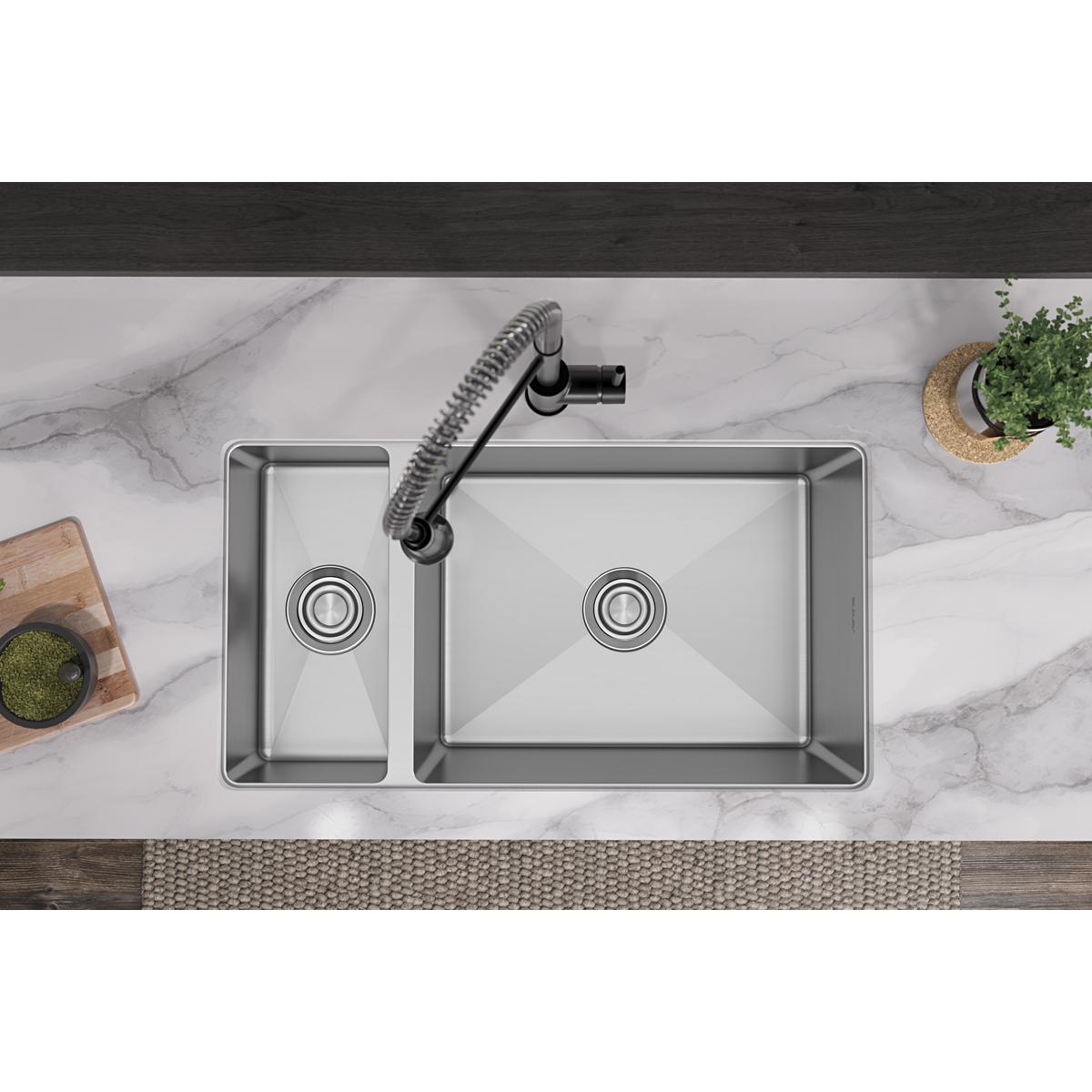 polished satin double bowl undermount sink