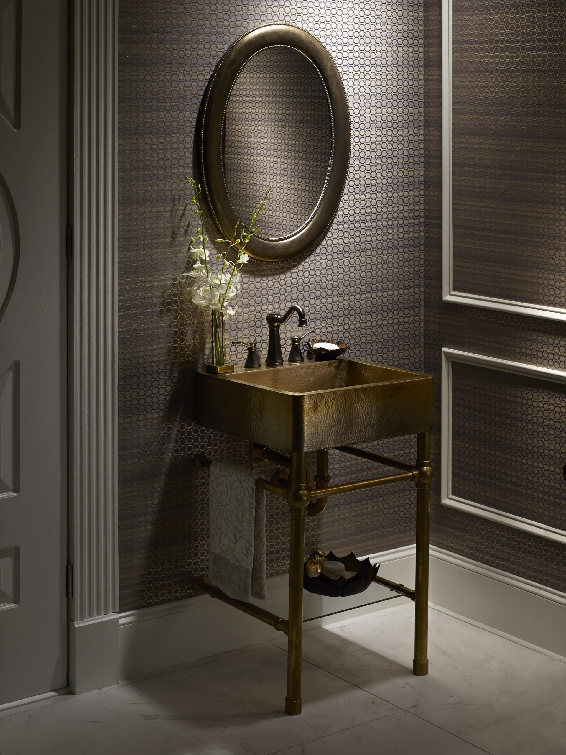 sink: satin brass hammered vanity: brass with glass shelf sink