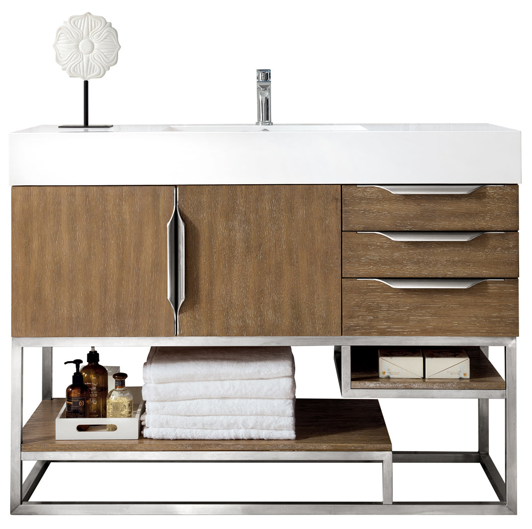 James Martin Vanities Columbia 48" Single Vanity With Brushed Nickel and Glossy White Composite Stone Top