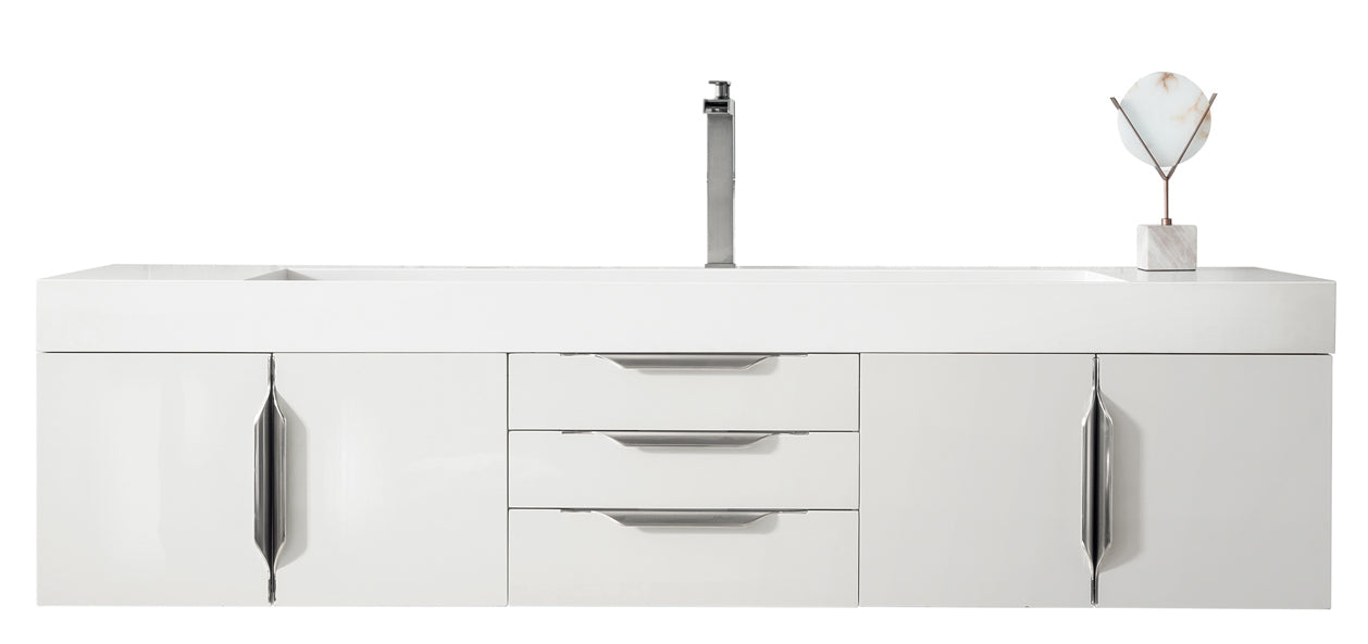 James Martin Vanities Columbia 72" Single Wall Mount Vanity With Brushed Nickel Base and Glossy White Composite Stone Top
