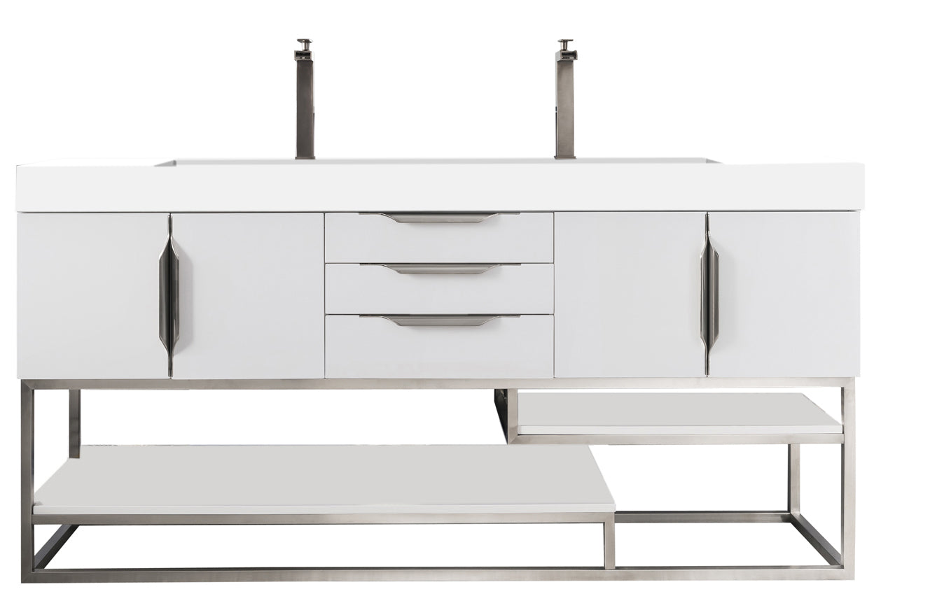 James Martin Vanities Columbia 72" Double Vanity With Brushed Nickel Base and Glossy White Composite Stone Top