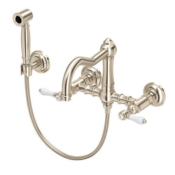 Rohl Acqui Wall Mount Bridge Kitchen Faucet with Sidespray and Column Spout