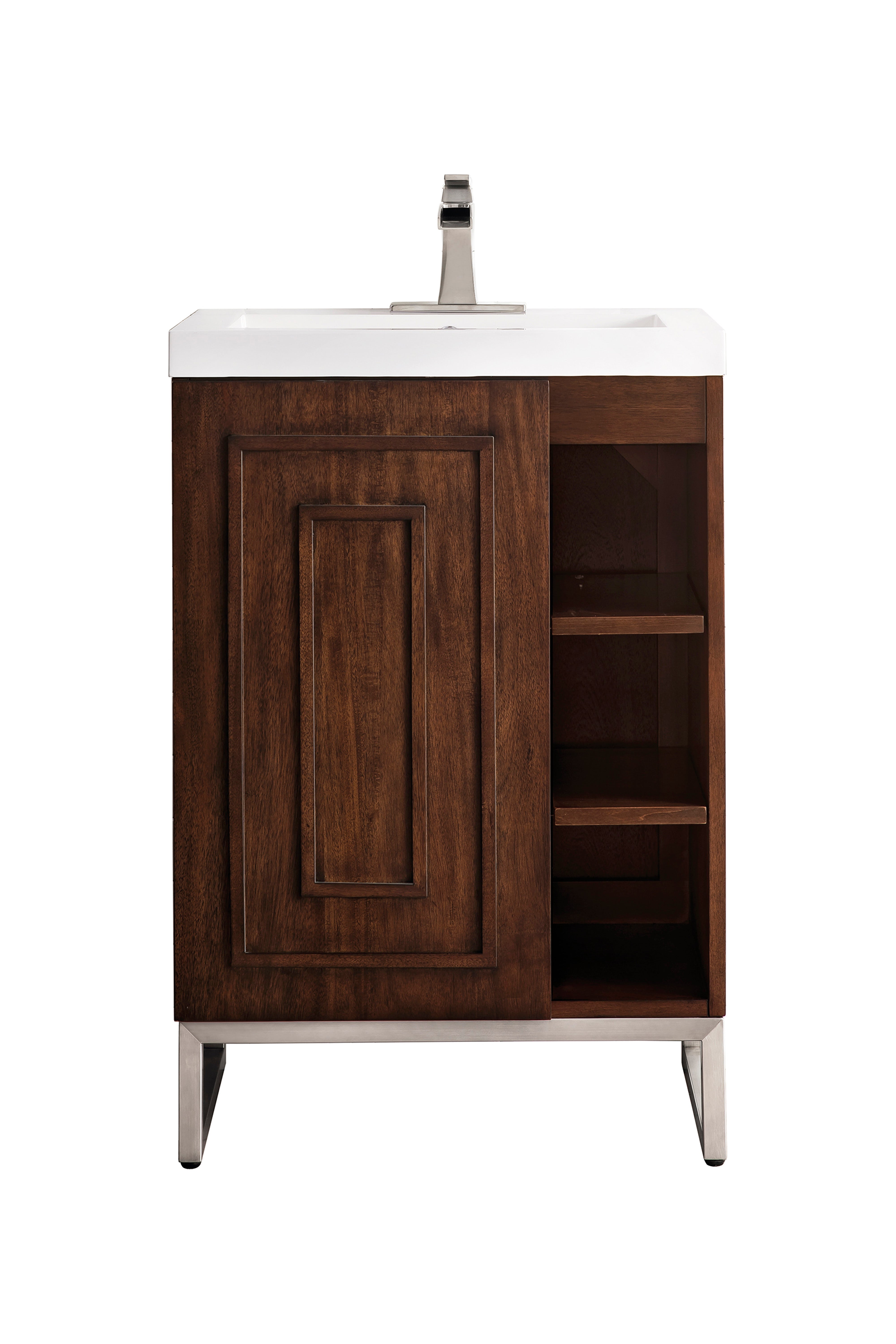 James Martin Vanities Alicante 24" Single Vanity With Brushed Nickel Base and White Glossy Composite Stone Top