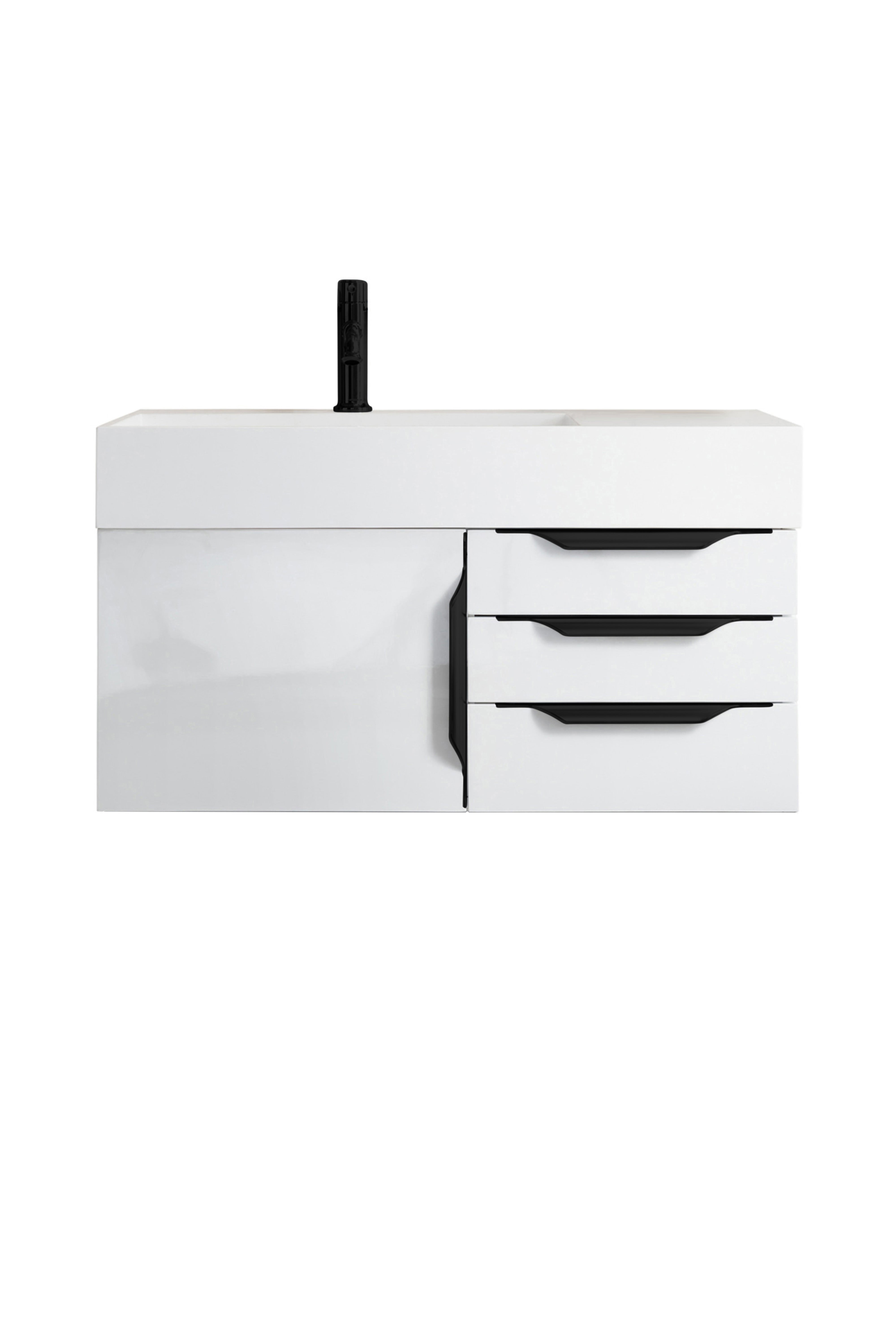 James Martin Vanities Columbia 36" Single Wall Mount Vanity With Matte Black Base and Glossy White Composite Stone Top