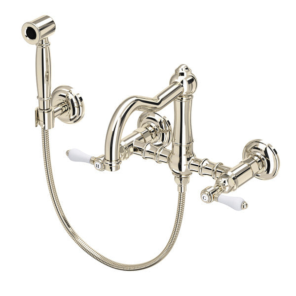 Rohl Acqui Wall Mount Bridge Kitchen Faucet with Sidespray and Column Spout