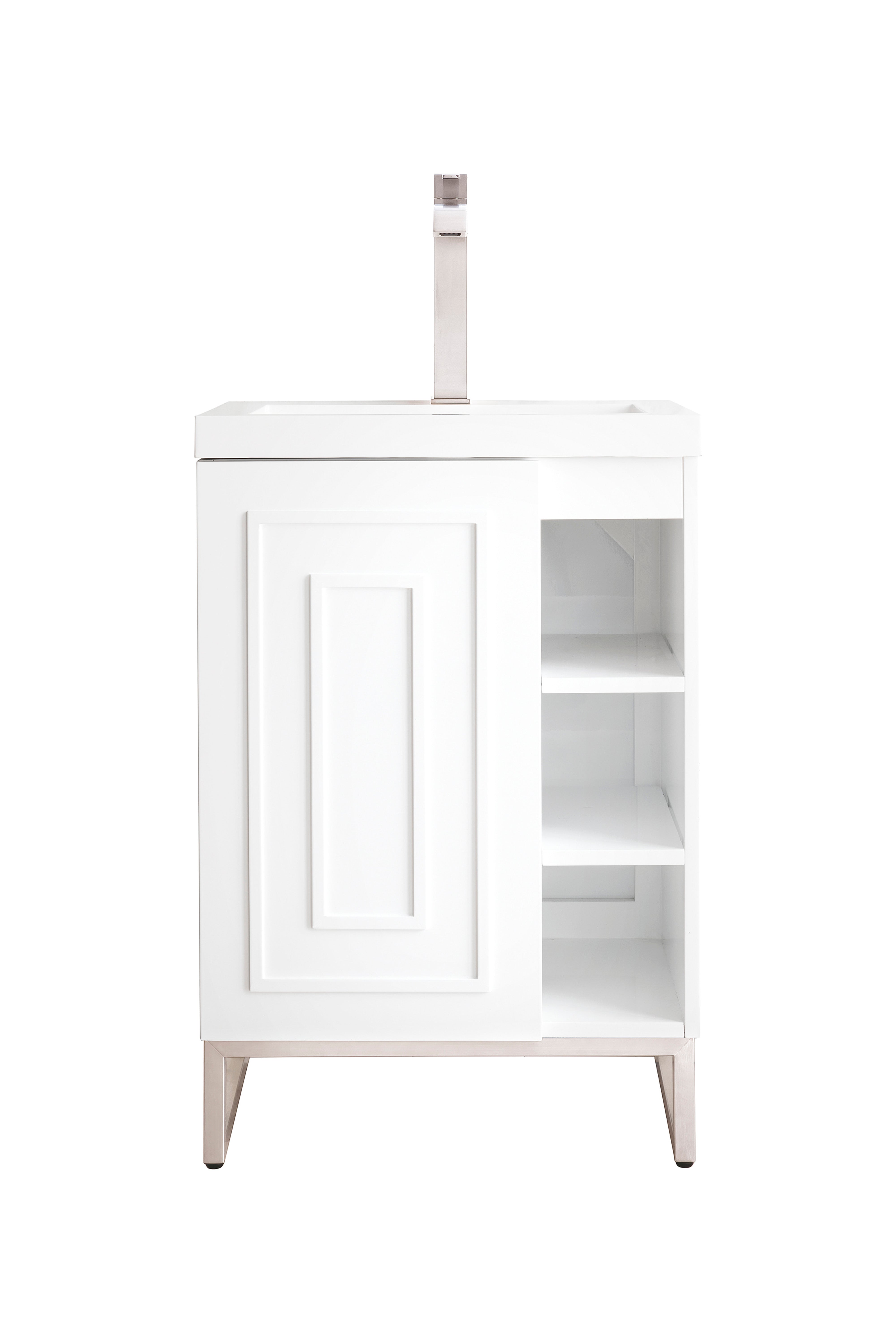 James Martin Vanities Alicante 24" Single Vanity With Brushed Nickel Base and White Glossy Composite Stone Top