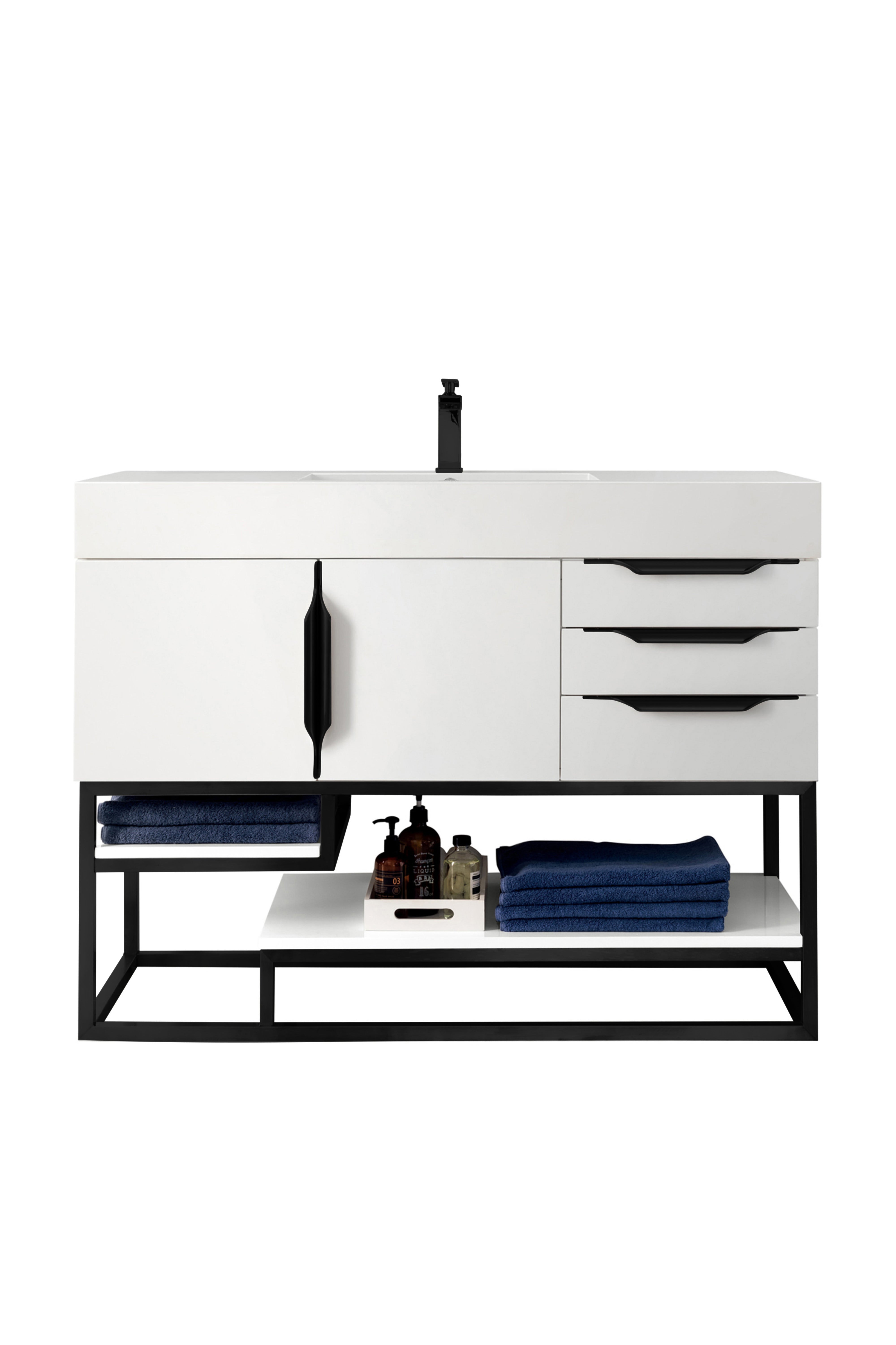James Martin Vanities Columbia 48" Single Vanity With Matte Black Base and Glossy White Composite Stone Top