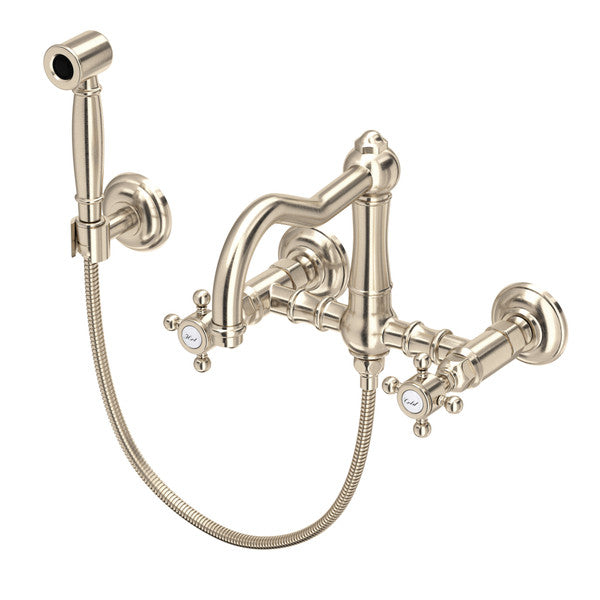 Rohl Acqui Wall Mount Bridge Kitchen Faucet with Sidespray and Column Spout