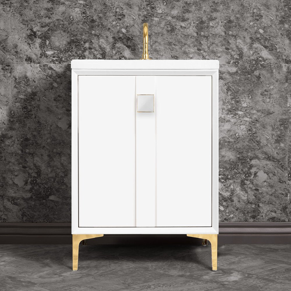 polished brass with white prism glass vanity