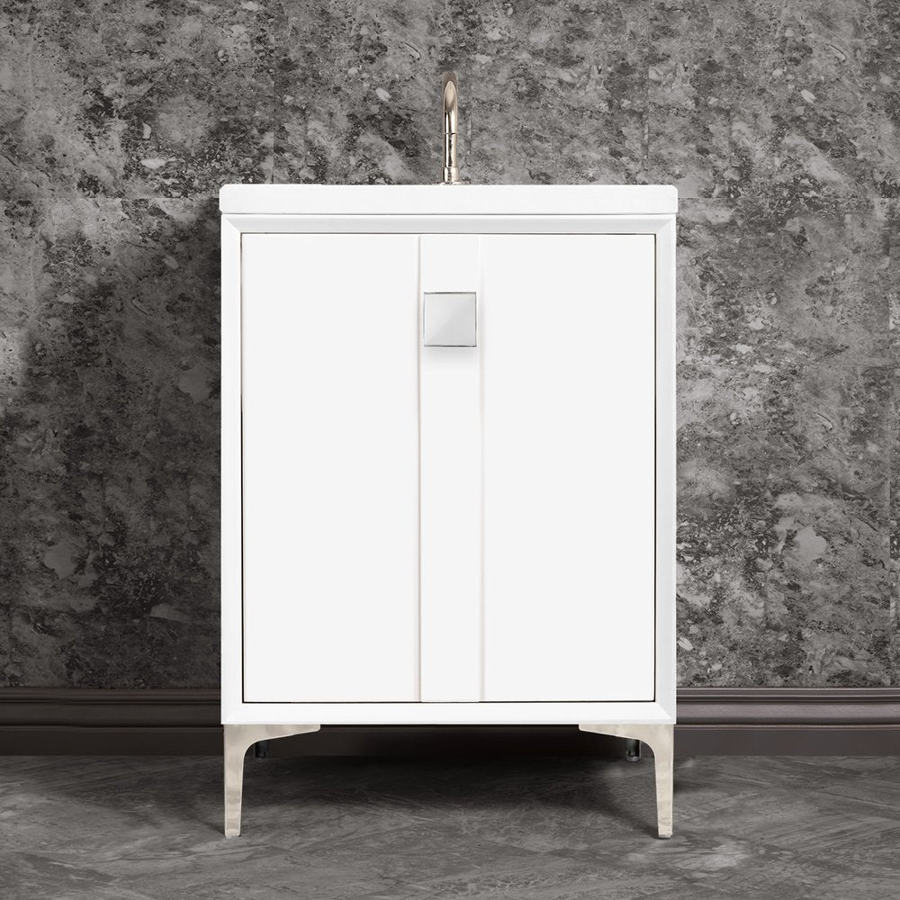 polished nickel with white prism glass vanity