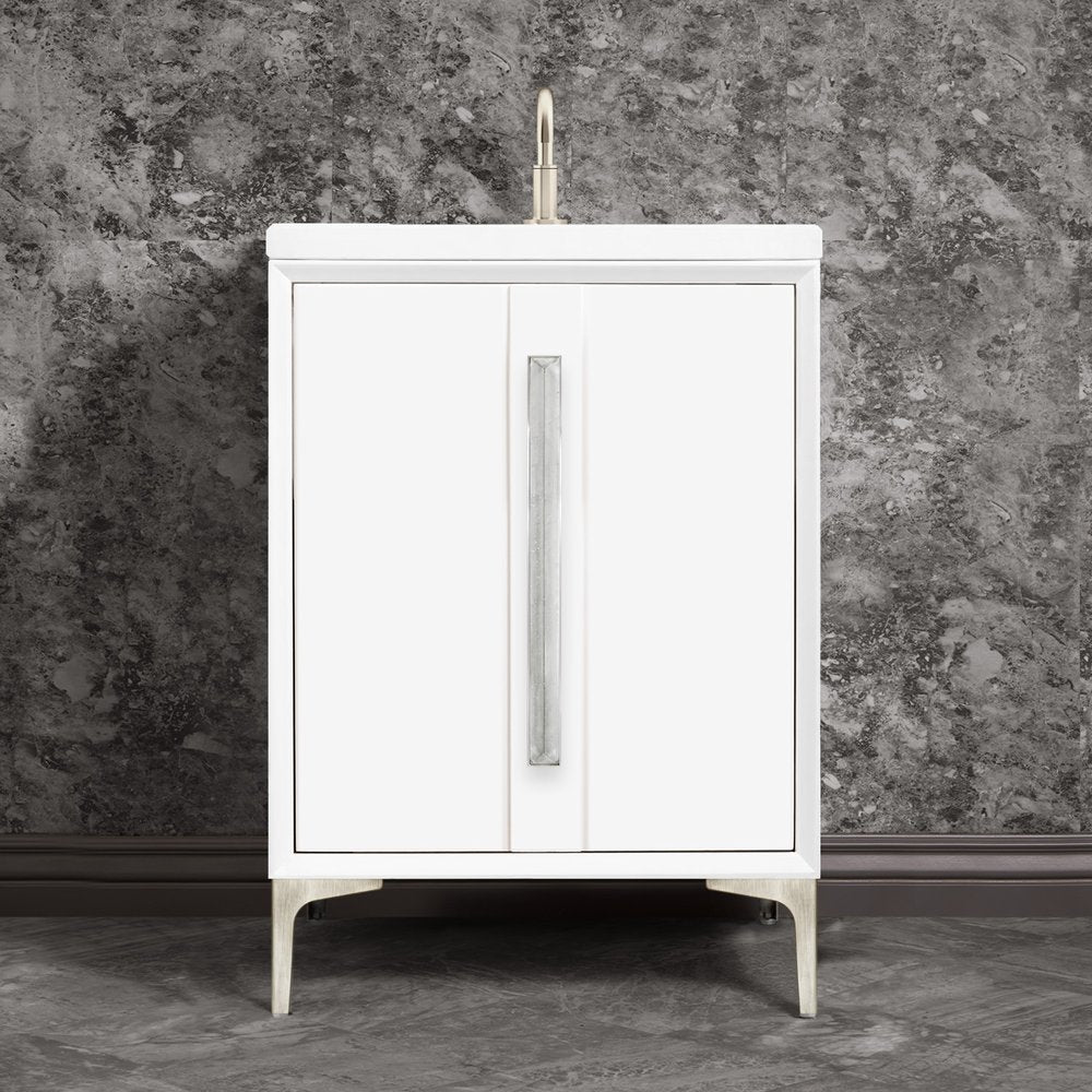 satin nickel with eglomisé prism glass vanity