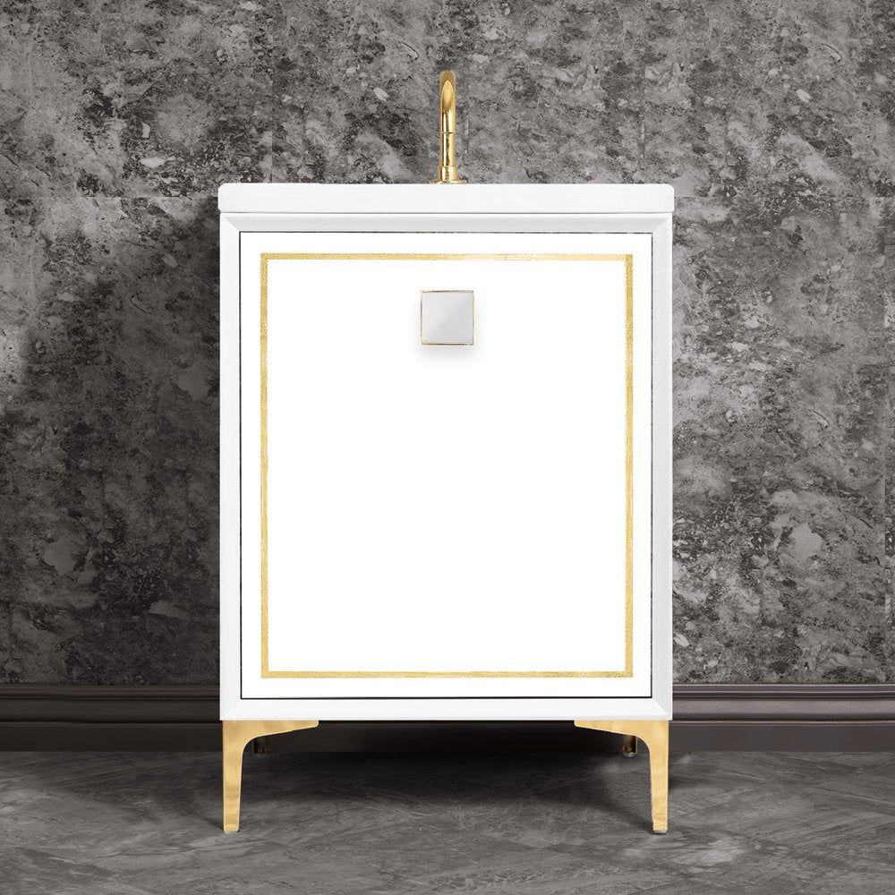 polished brass with white prism glass vanity