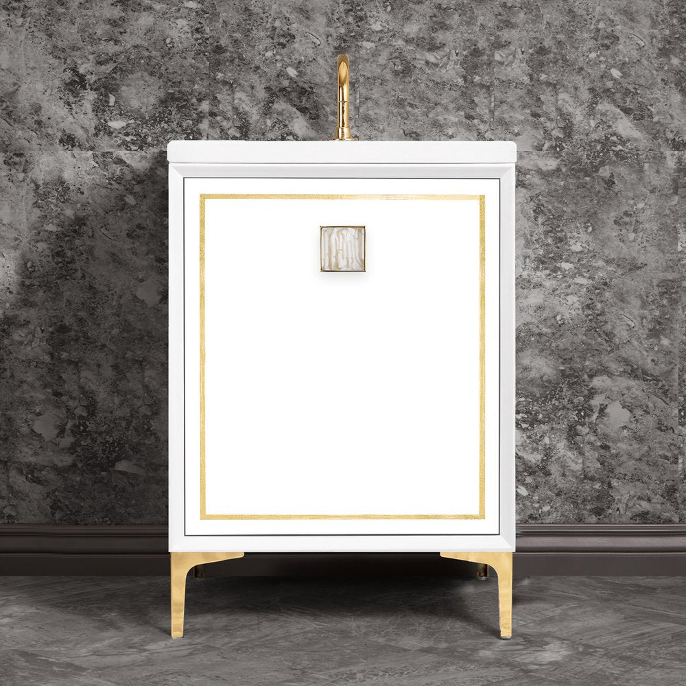 polished brass with white tiger prism glass vanity