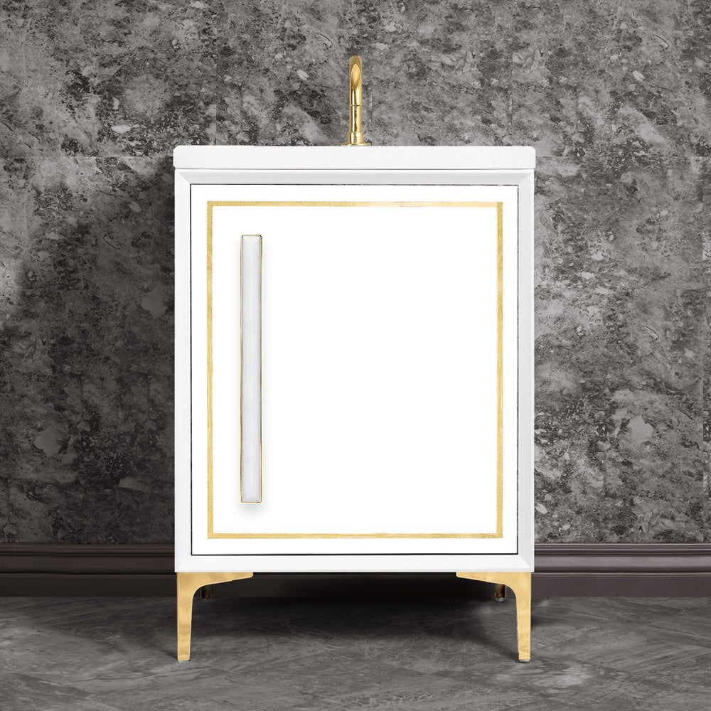 polished brass with white prism glass vanity