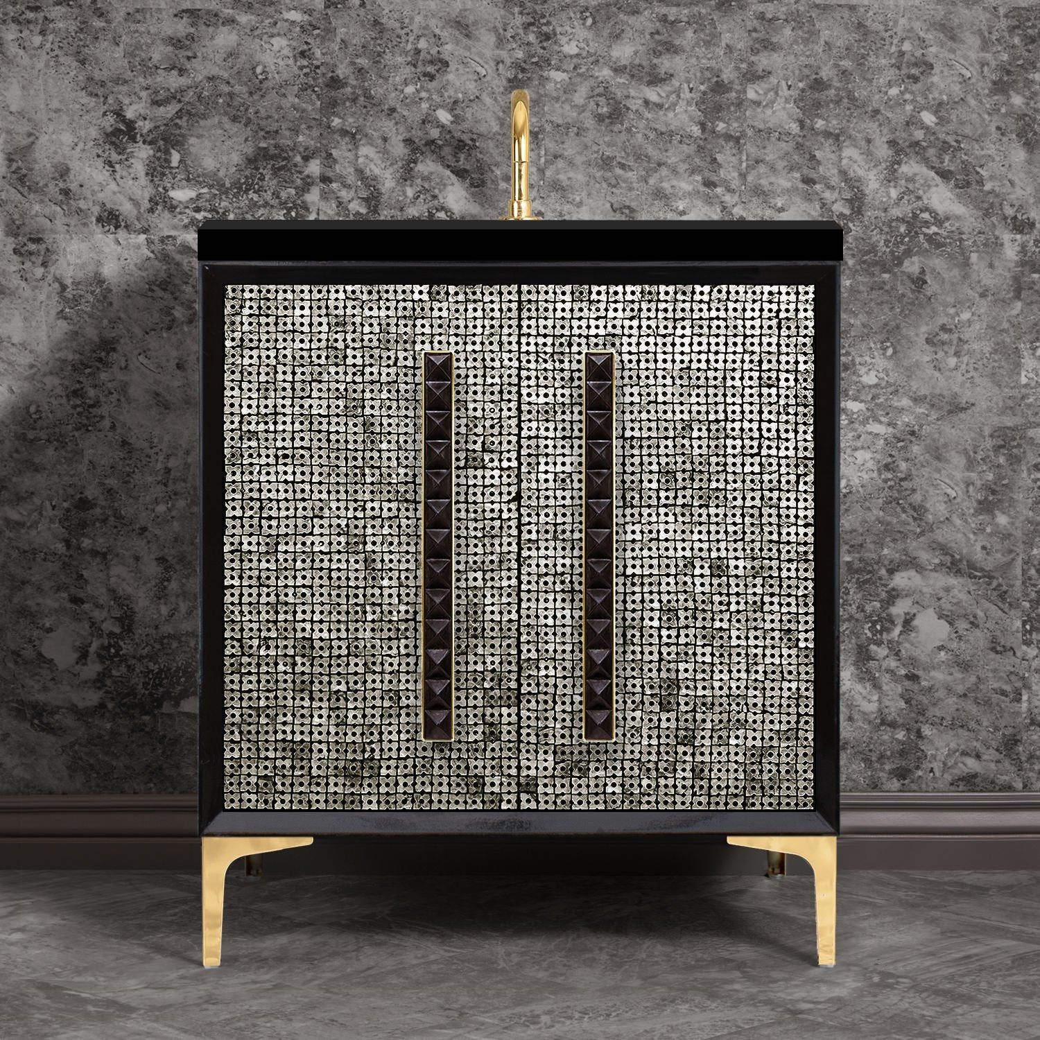 Linkasink Mother of Pearl with 18" Black Artisan Glass Pyramid Hardware Vanity