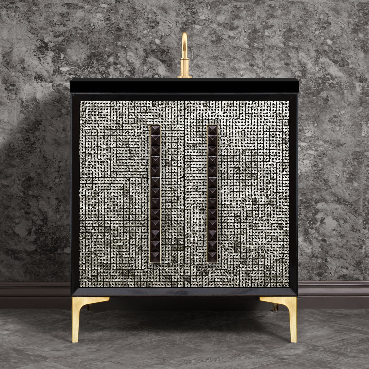 Linkasink Mother of Pearl with 18" Black Artisan Glass Pyramid Hardware Vanity