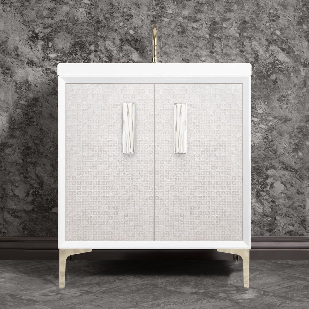 polished nickel with white tiger prism glass vanity