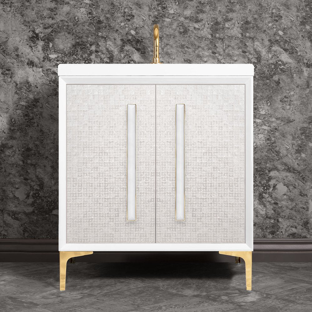 polished brass with white prism glass vanity