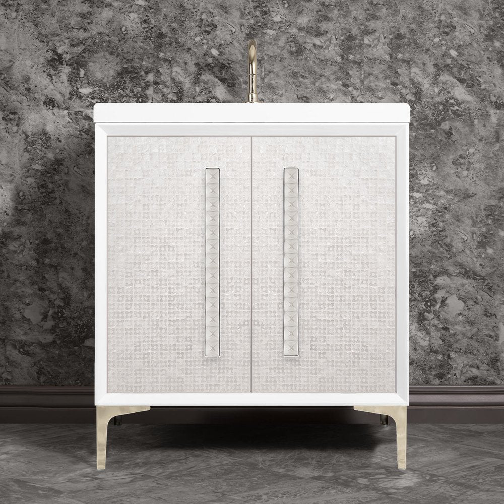 polished nickel with eglomisé pyramid glass vanity