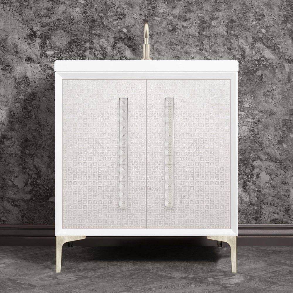 polished nickel with eglomisé pyramid glass vanity