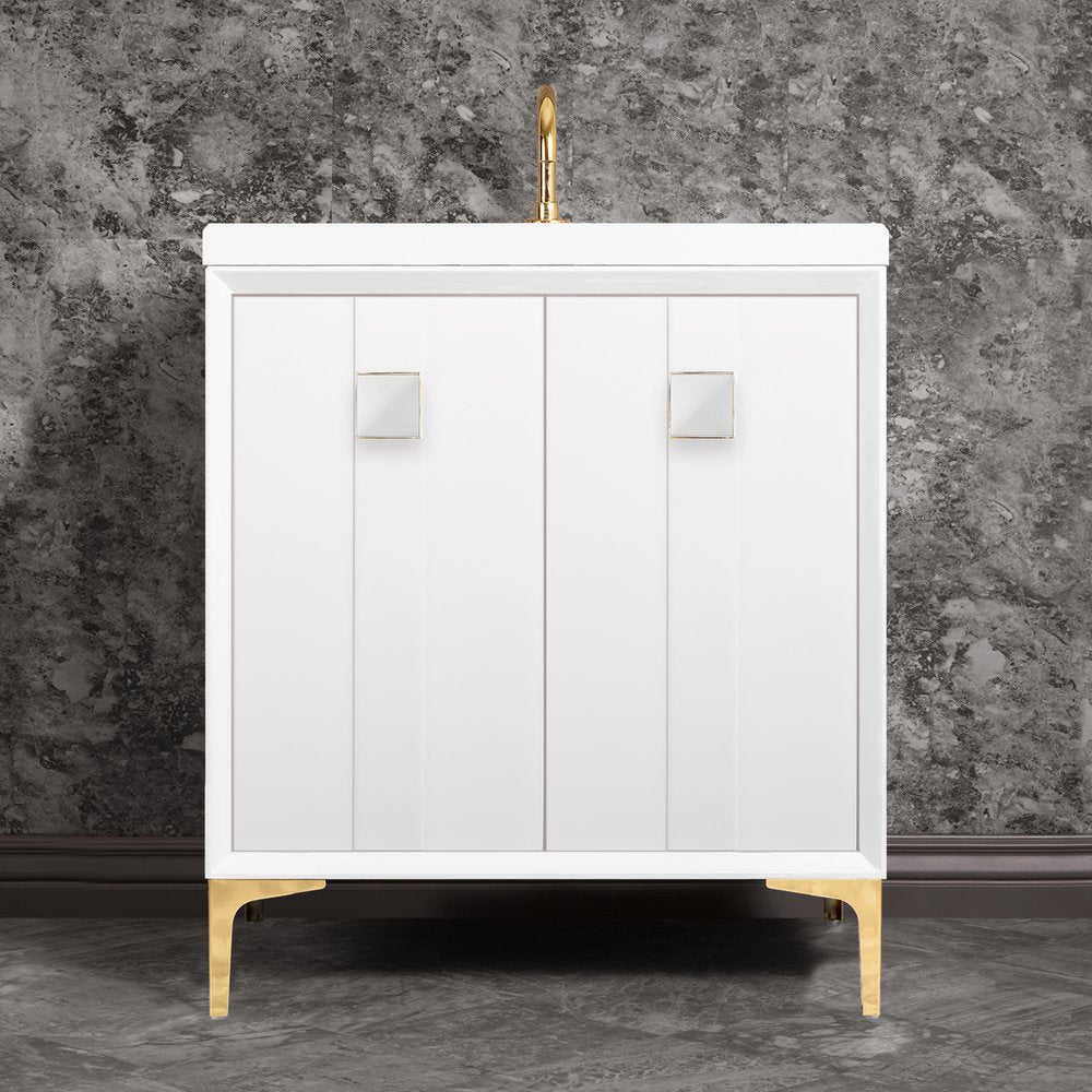 polished brass with white prism glass vanity