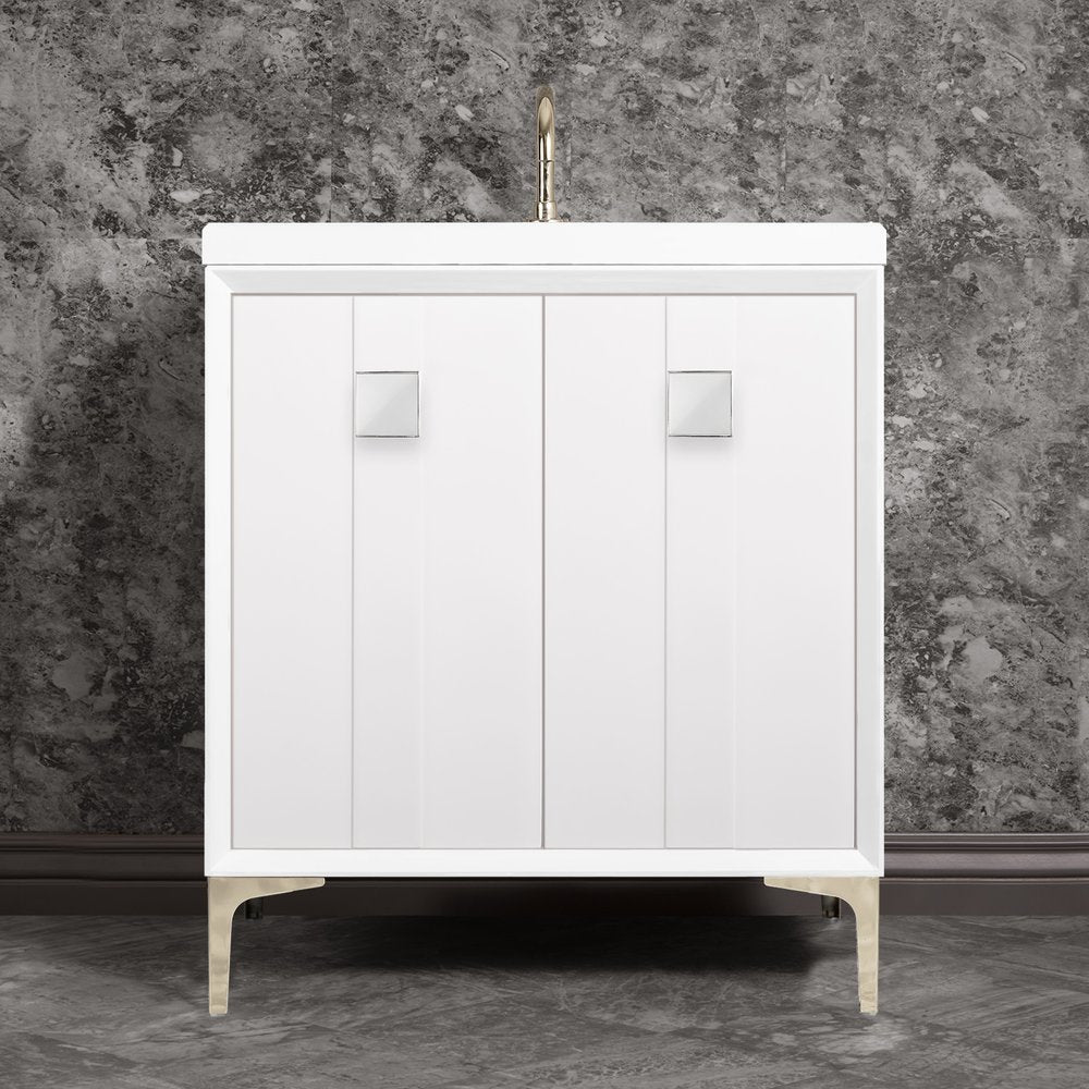 polished nickel with white prism glass vanity