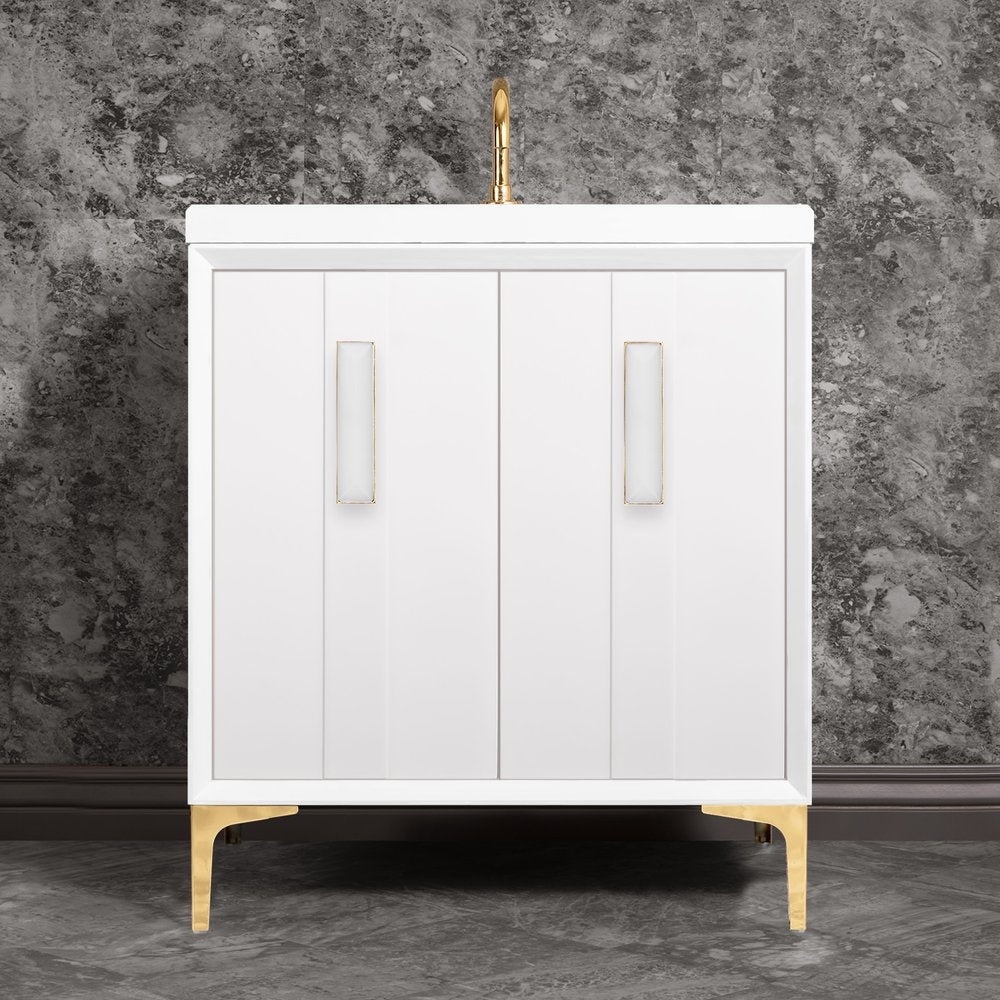 polished brass with white prism glass vanity