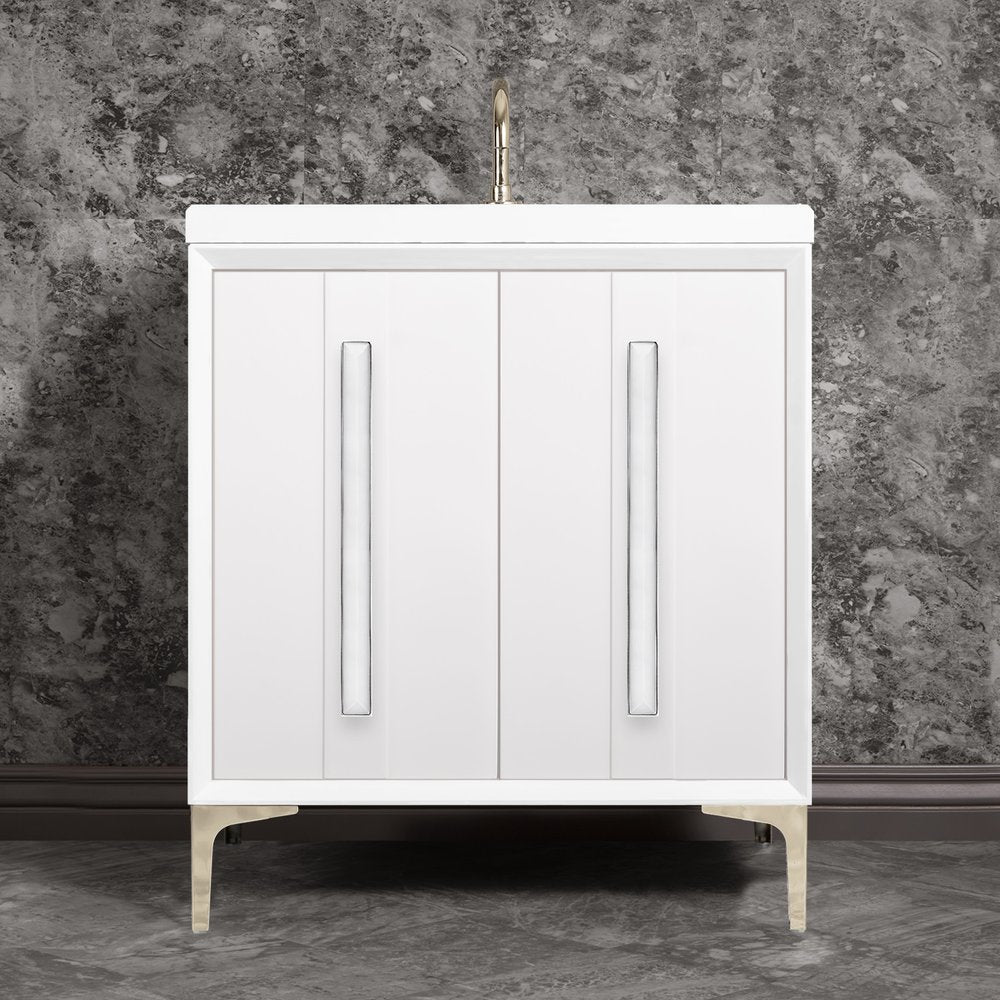 polished nickel with white prism glass vanity