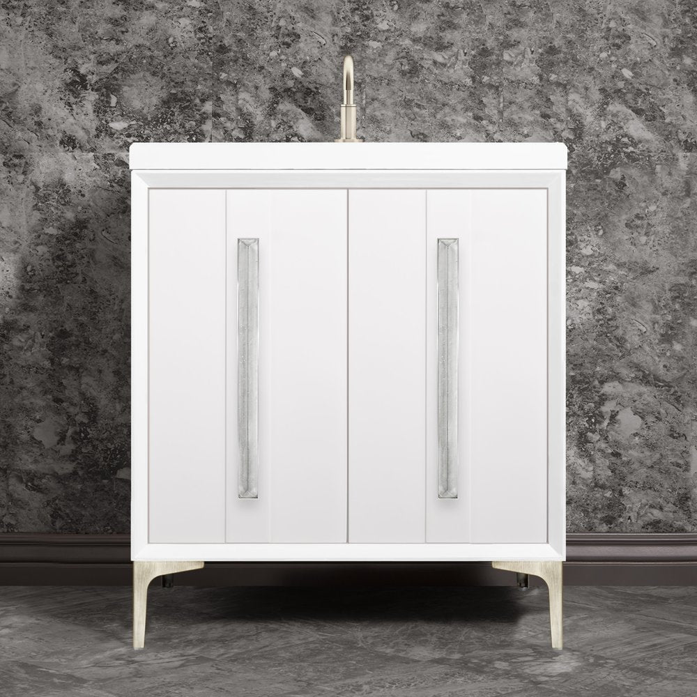 satin nickel with white pyramid glass vanity