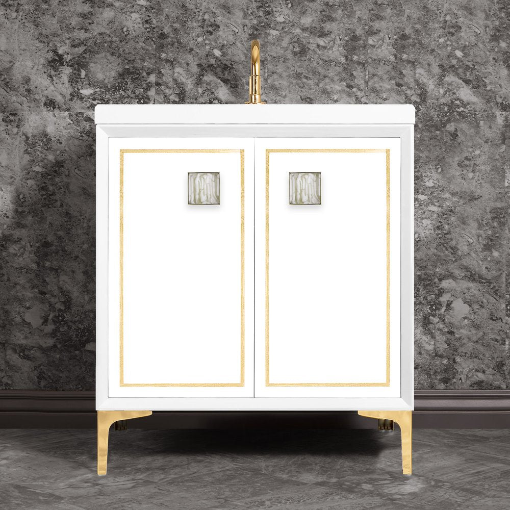 polished brass with white tiger prism glass vanity