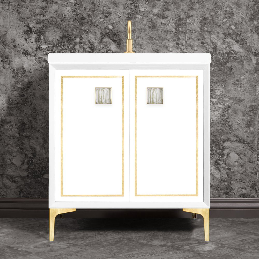 satin brass with white tiger prism glass vanity