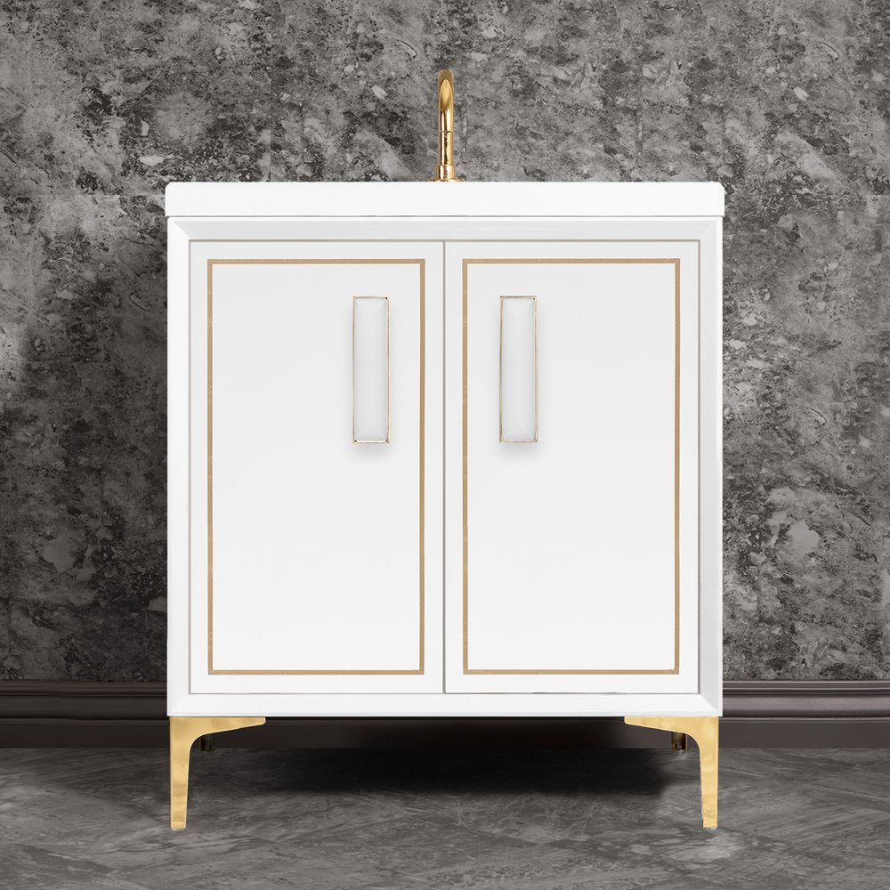 polished brass with white prism glass vanity