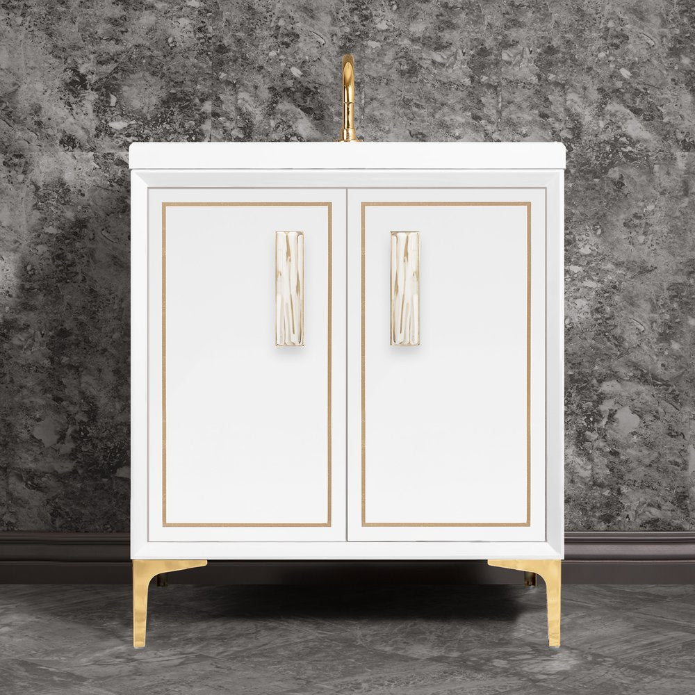 polished brass with white tiger prism glass vanity