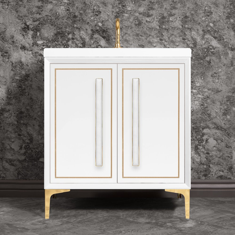 polished brass with white prism glass vanity