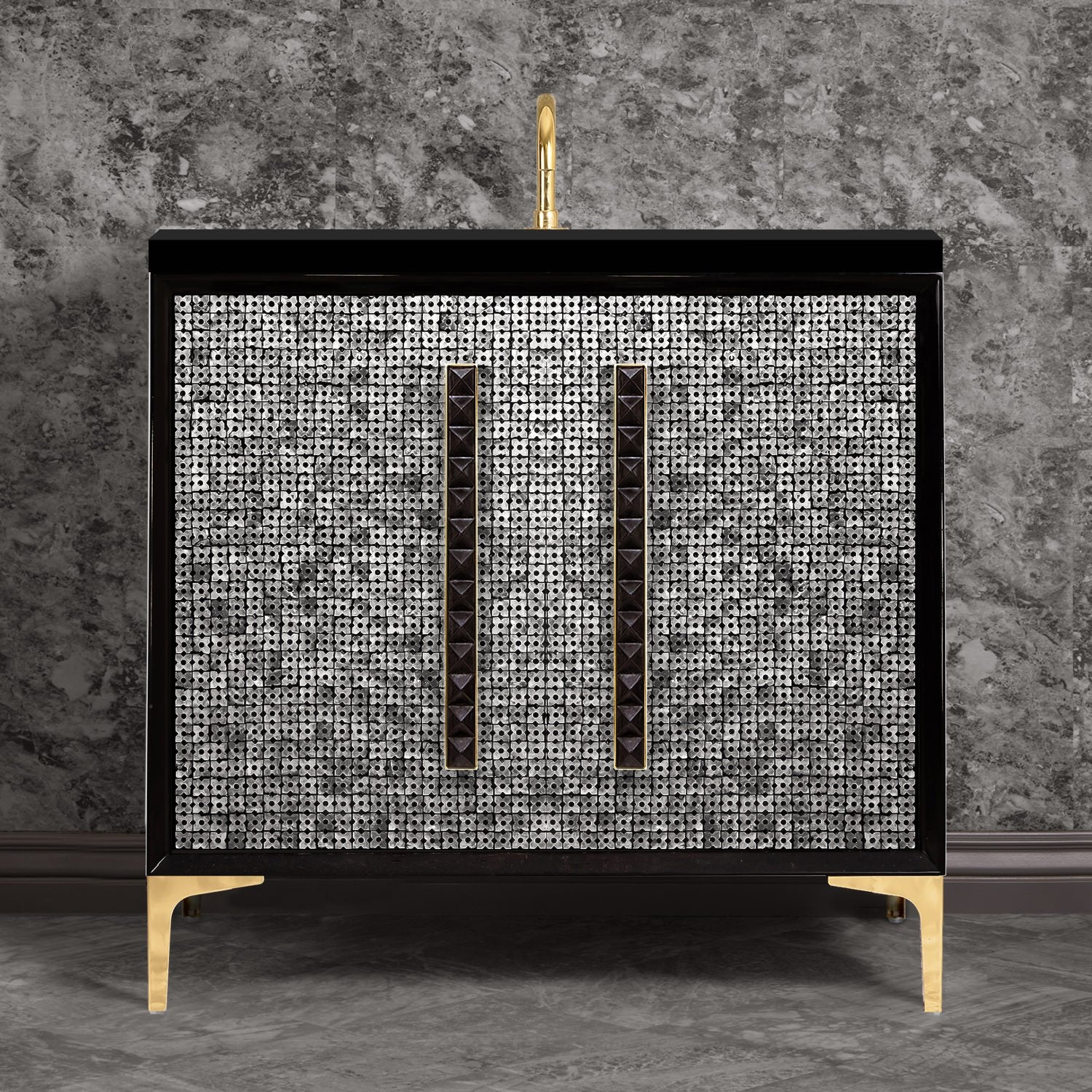 Linkasink Mother of Pearl with 18" Black Artisan Glass Pyramid Hardware Vanity