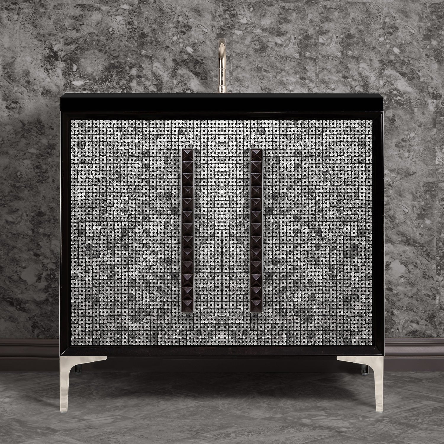 Linkasink Mother of Pearl with 18" Black Artisan Glass Pyramid Hardware Vanity