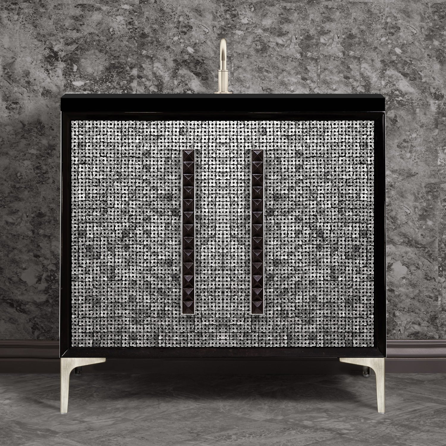 Linkasink Mother of Pearl with 18" Black Artisan Glass Pyramid Hardware Vanity